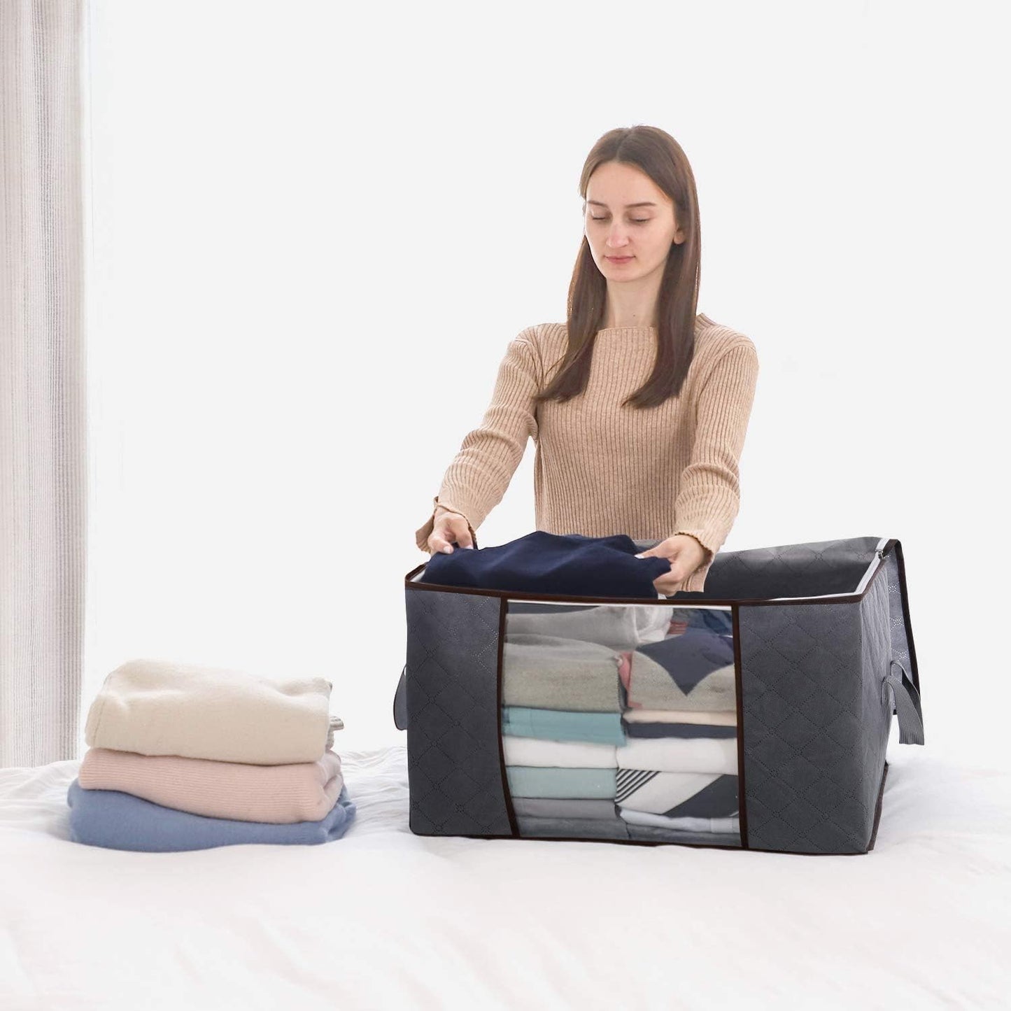 Lifewit Opbergtas voor kleding met versterkte handgrepen, dekbedovertrek met transparant venster, opvouwbare doos onder bed, kastorganizer, grijs, 35 l, 4 stuks