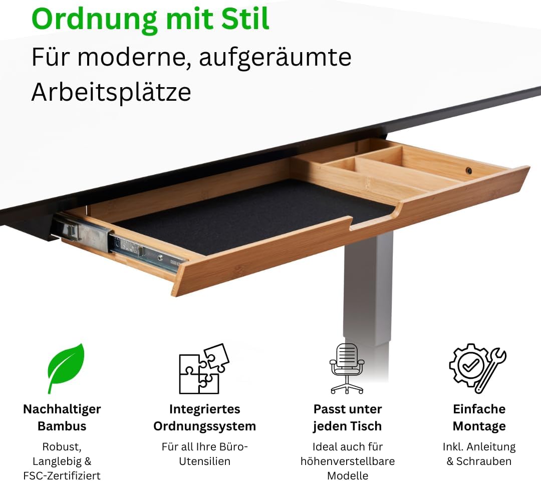 WIRSCHDA Tiroir de bureau en bambou de qualité supérieure - Organiseur de bureau plat et extensible - Tiroir pour bureau à domicile et tables réglables en hauteur - Système de rangement de bureau en