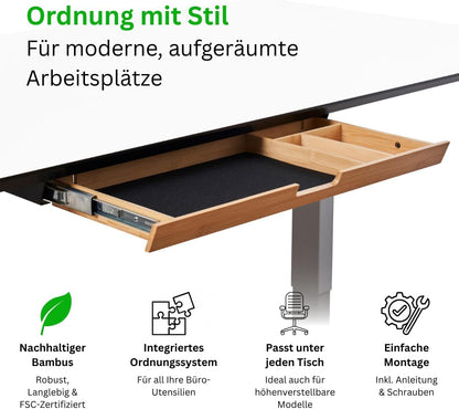 WIRSCHDA Tiroir de bureau en bambou de qualité supérieure - Organiseur de bureau plat et extensible - Tiroir pour bureau à domicile et tables réglables en hauteur - Système de rangement de bureau en