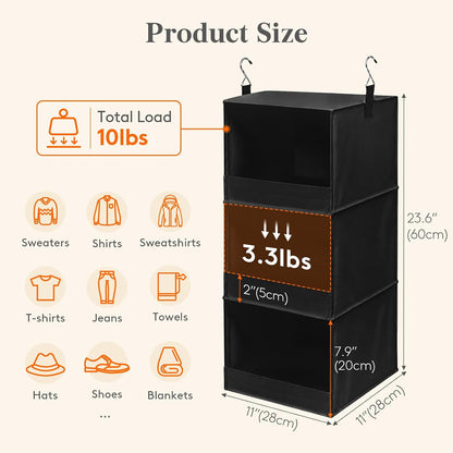 Lifewit Rangement Suspendu à 3 Niveaux, Rangement Armoire Vetement, Étagères de Rangement Placard avec 2 Crochets Robustes, Organisateur Pliable pour Pulls, Chaussures, Chambre, RV, Noir