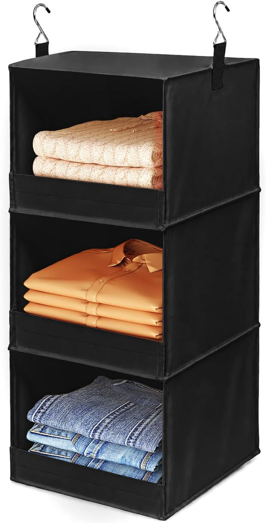 Lifewit Rangement Suspendu à 3 Niveaux, Rangement Armoire Vetement, Étagères de Rangement Placard avec 2 Crochets Robustes, Organisateur Pliable pour Pulls, Chaussures, Chambre, RV, Noir