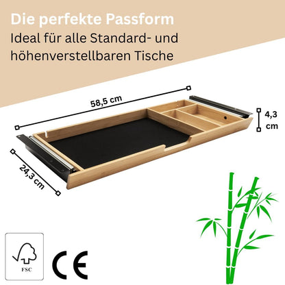 WIRSCHDA Tiroir de bureau en bambou de qualité supérieure - Organiseur de bureau plat et extensible - Tiroir pour bureau à domicile et tables réglables en hauteur - Système de rangement de bureau en