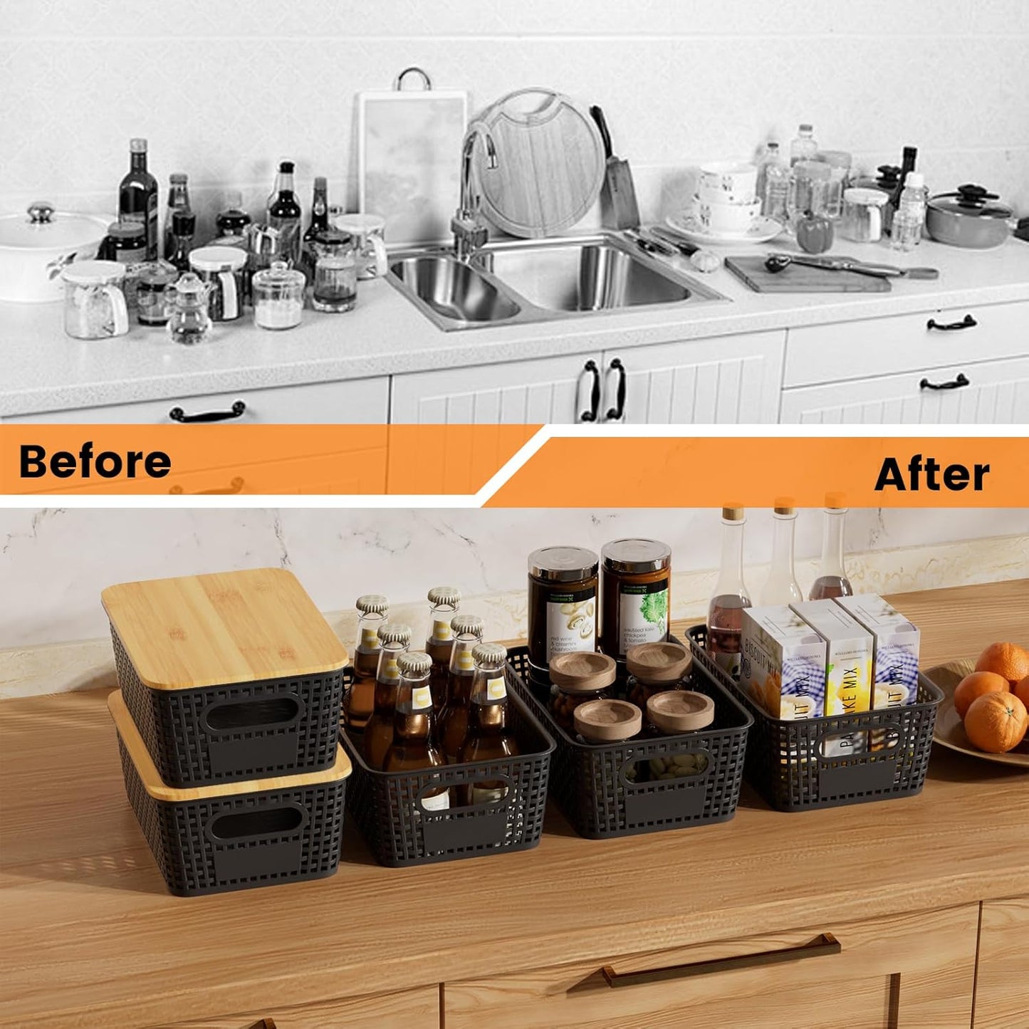 Set of 6 5L Plastic Storage Basket with Lid Stackable Toy Cosmetic Storage Box with Bamboo Lid for Kitchen, Bathroom, Bed, Office