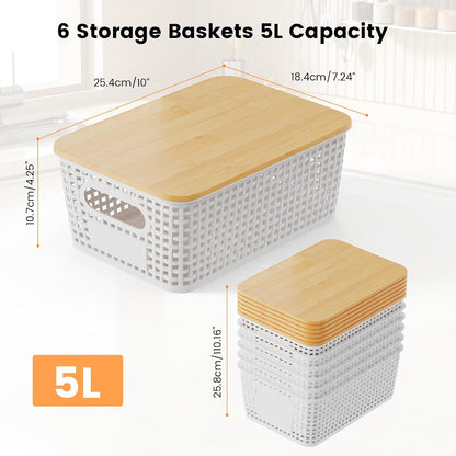 Set of 6 5L Plastic Storage Basket with Lid Stackable Toy Cosmetic Storage Box with Bamboo Lid for Kitchen, Bathroom, Bed, Office