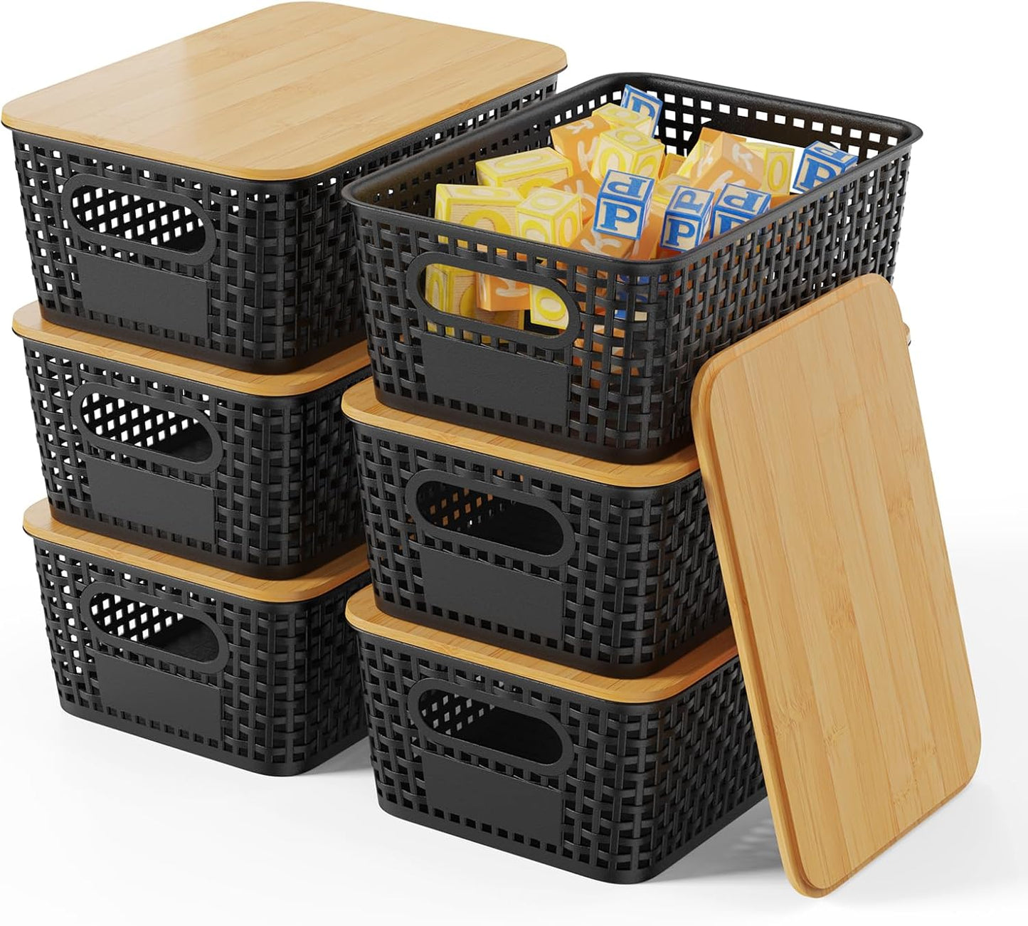Set of 6 5L Plastic Storage Basket with Lid Stackable Toy Cosmetic Storage Box with Bamboo Lid for Kitchen, Bathroom, Bed, Office