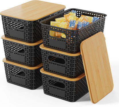 Set of 6 5L Plastic Storage Basket with Lid Stackable Toy Cosmetic Storage Box with Bamboo Lid for Kitchen, Bathroom, Bed, Office