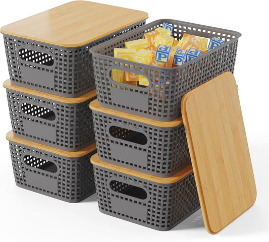Set of 6 5L Plastic Storage Basket with Lid Stackable Toy Cosmetic Storage Box with Bamboo Lid for Kitchen, Bathroom, Bed, Office