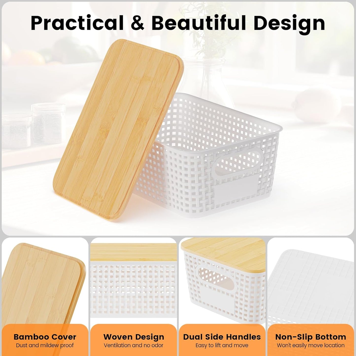Set of 6 5L Plastic Storage Basket with Lid Stackable Toy Cosmetic Storage Box with Bamboo Lid for Kitchen, Bathroom, Bed, Office