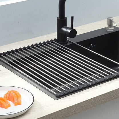 ViWaVee Dish Drying Rack Foldable Removable Over Sink Drainer Drainer Mat for Cups Fruits Vegetable Super Kitchen Organizer (Black (43x35)