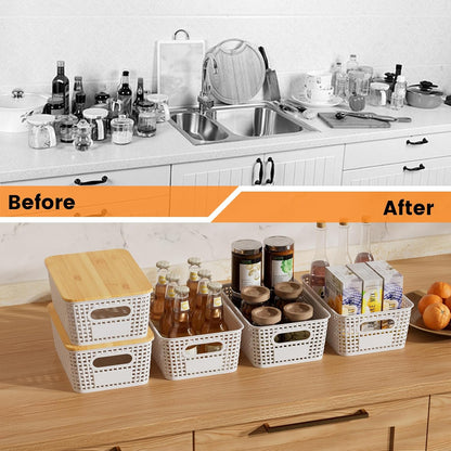 Set of 6 5L Plastic Storage Basket with Lid Stackable Toy Cosmetic Storage Box with Bamboo Lid for Kitchen, Bathroom, Bed, Office