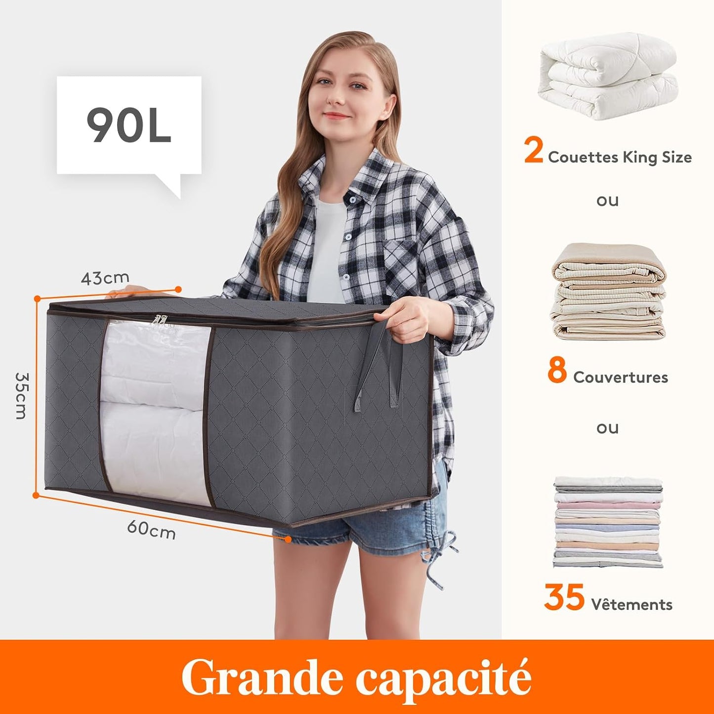 Lifewit Opbergtas voor kleding met versterkte handgrepen, dekbedovertrek met transparant venster, opvouwbare doos onder bed, kastorganizer, grijs, 35 l, 4 stuks