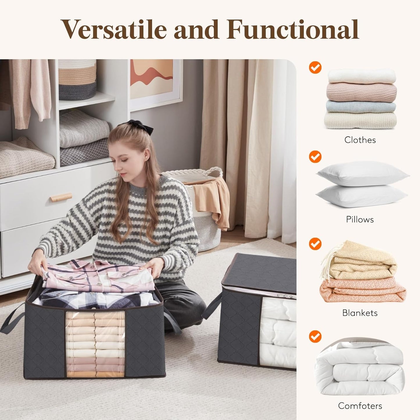 Lifewit Opbergtas voor kleding met versterkte handgrepen, dekbedovertrek met transparant venster, opvouwbare doos onder bed, kastorganizer, grijs, 35 l, 4 stuks