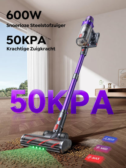 SMOTURE 600W 50KPa Draadloze Steelstofzuiger, 65 Mins krachtige Draadloze Stofzuiger met Matrasborstel, Wandlader en LED-Display, Autostofzuiger voor Dierenharen/harde Vloeren/Tapijten/Auto