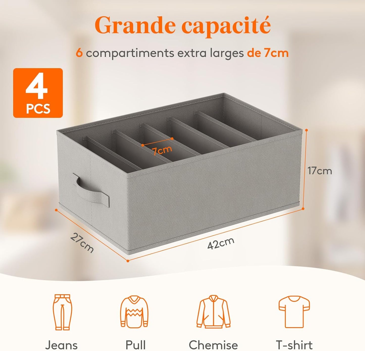 Lifewit Set van 4 opvouwbare kledingopbergdozen met 6 vakken, kastorganizer, opbergdoos, lade, opbergkast voor kleding, broeken, truien, 42 x 27 x 17 cm, grijs