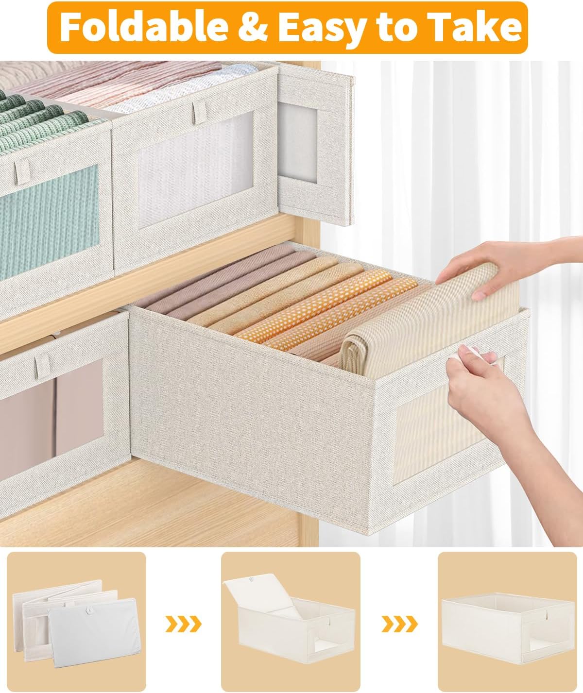 4 x linnen opbergdozen, opvouwbare kastorganizer containers voor kleding, jeans, speelgoed, boeken, plank, kast, grote opbergbakken, manden met transparant venster