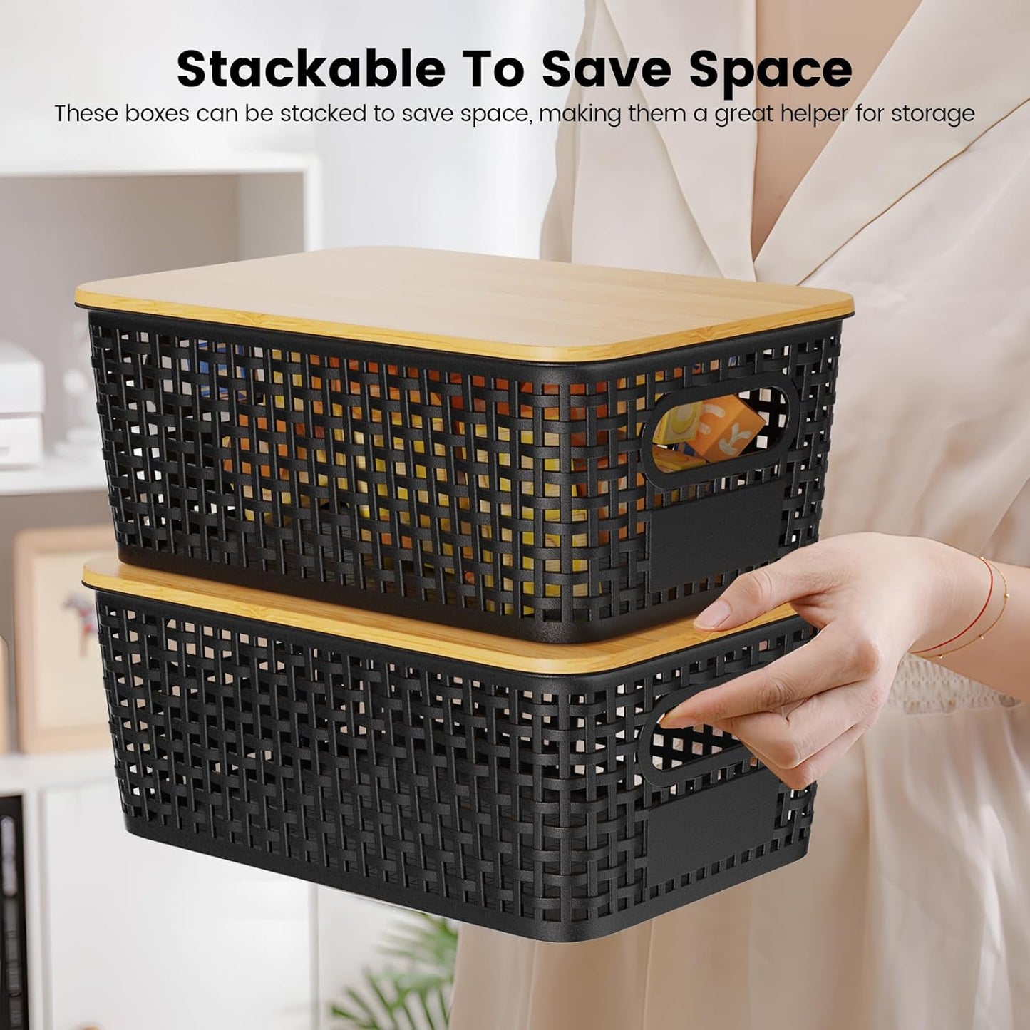 Set of 6 5L Plastic Storage Basket with Lid Stackable Toy Cosmetic Storage Box with Bamboo Lid for Kitchen, Bathroom, Bed, Office