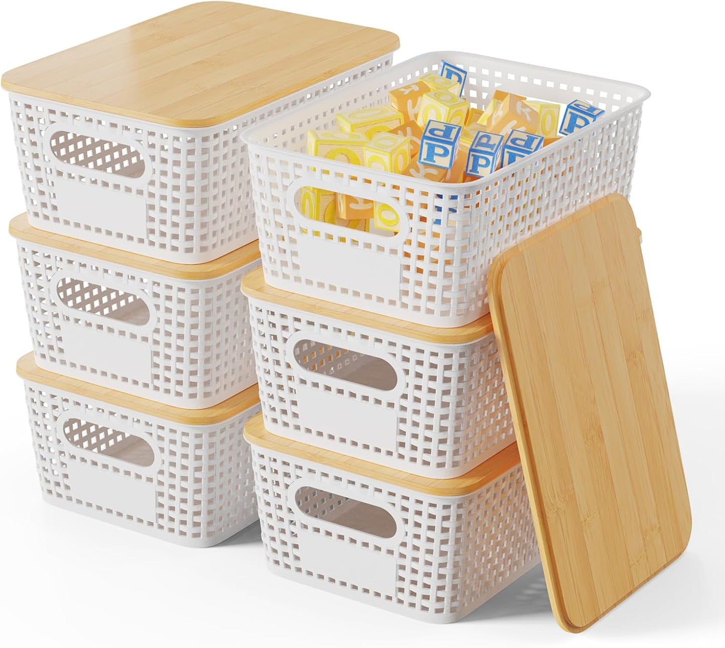 Set of 6 5L Plastic Storage Basket with Lid Stackable Toy Cosmetic Storage Box with Bamboo Lid for Kitchen, Bathroom, Bed, Office