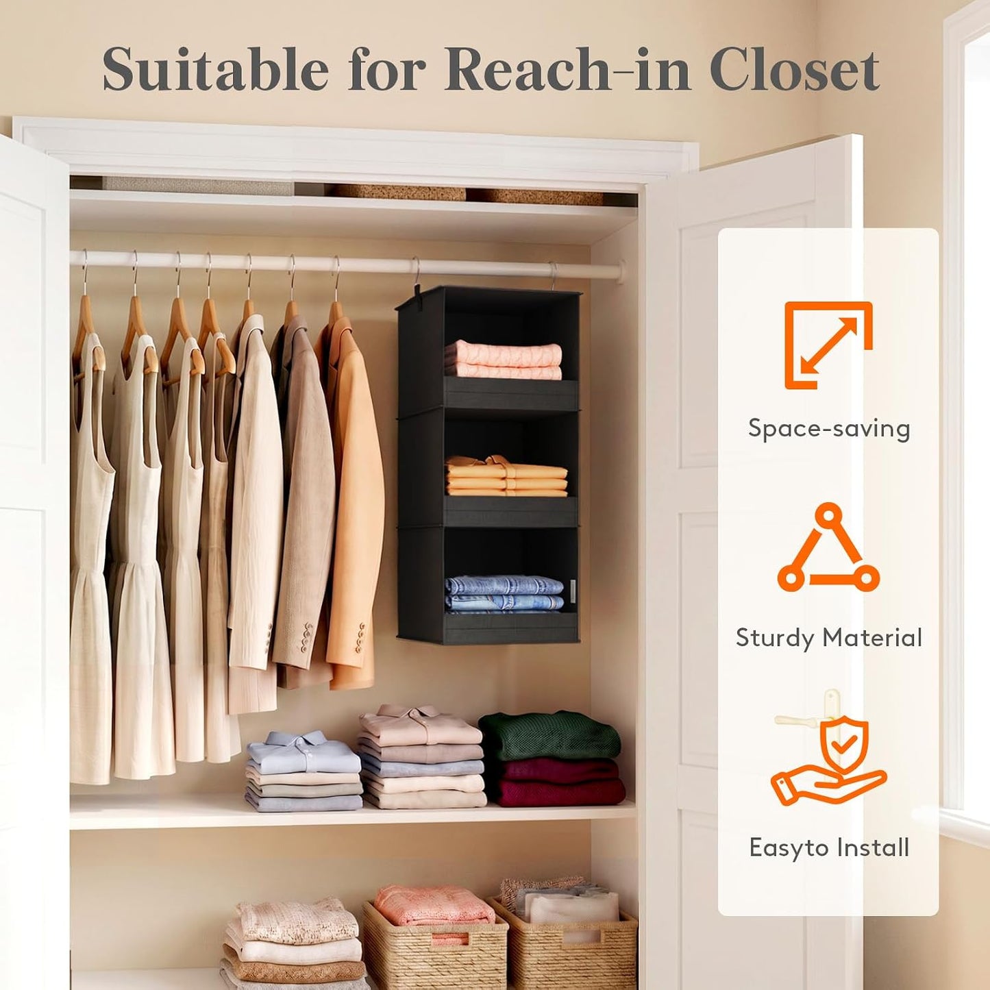 Lifewit Rangement Suspendu à 3 Niveaux, Rangement Armoire Vetement, Étagères de Rangement Placard avec 2 Crochets Robustes, Organisateur Pliable pour Pulls, Chaussures, Chambre, RV, Noir