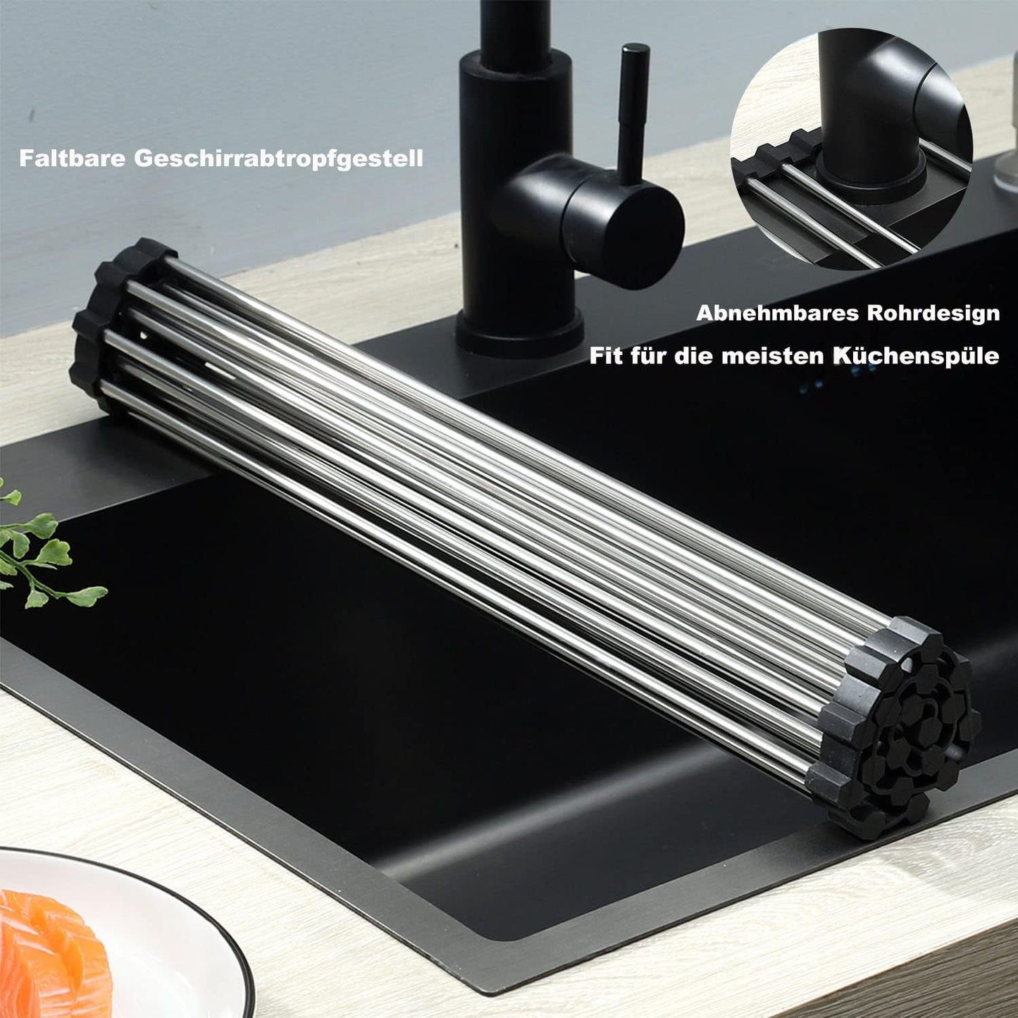 ViWaVee Dish Drying Rack Foldable Removable Over Sink Drainer Drainer Mat for Cups Fruits Vegetable Super Kitchen Organizer (Black (43x35)