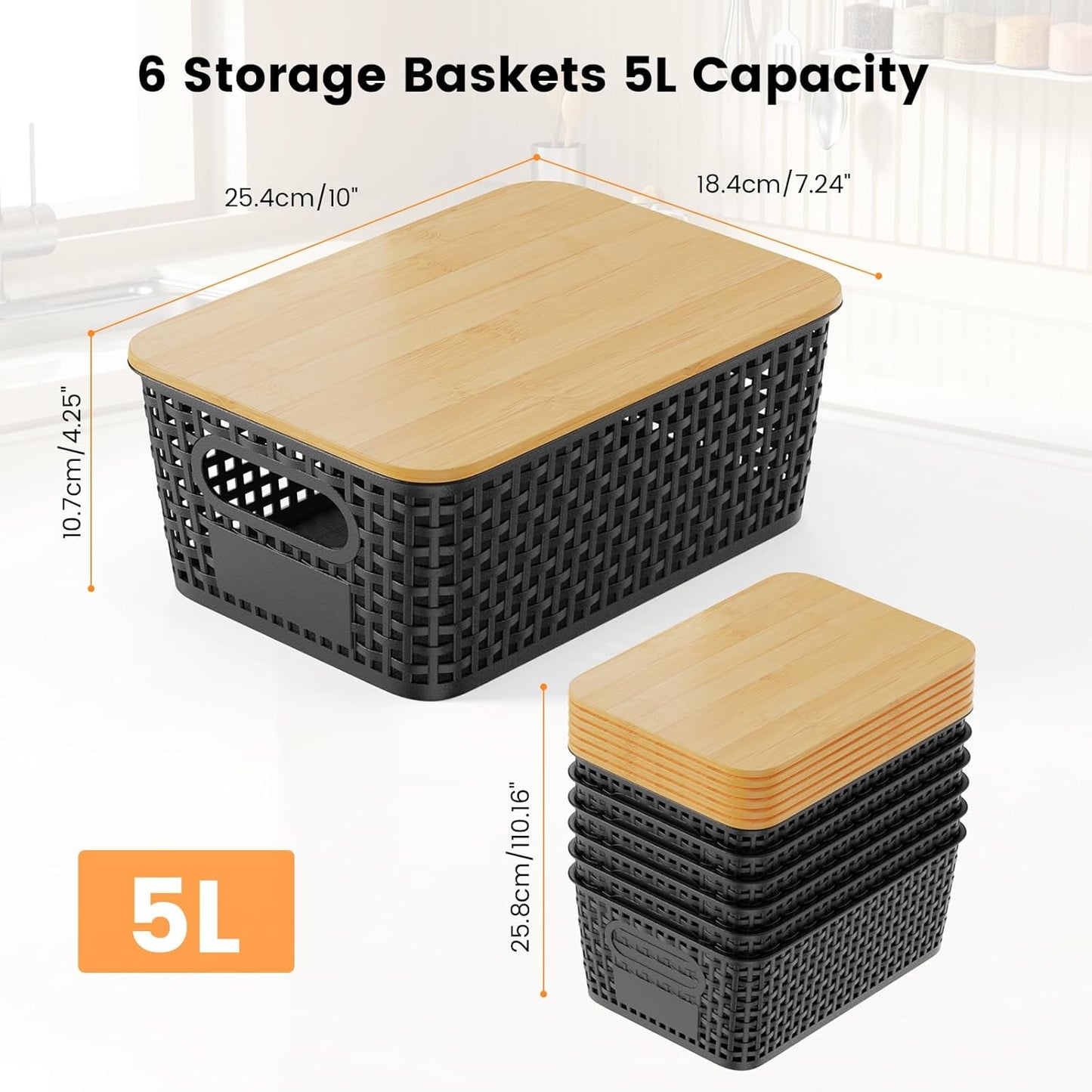 Set of 6 5L Plastic Storage Basket with Lid Stackable Toy Cosmetic Storage Box with Bamboo Lid for Kitchen, Bathroom, Bed, Office