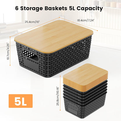 Set of 6 5L Plastic Storage Basket with Lid Stackable Toy Cosmetic Storage Box with Bamboo Lid for Kitchen, Bathroom, Bed, Office