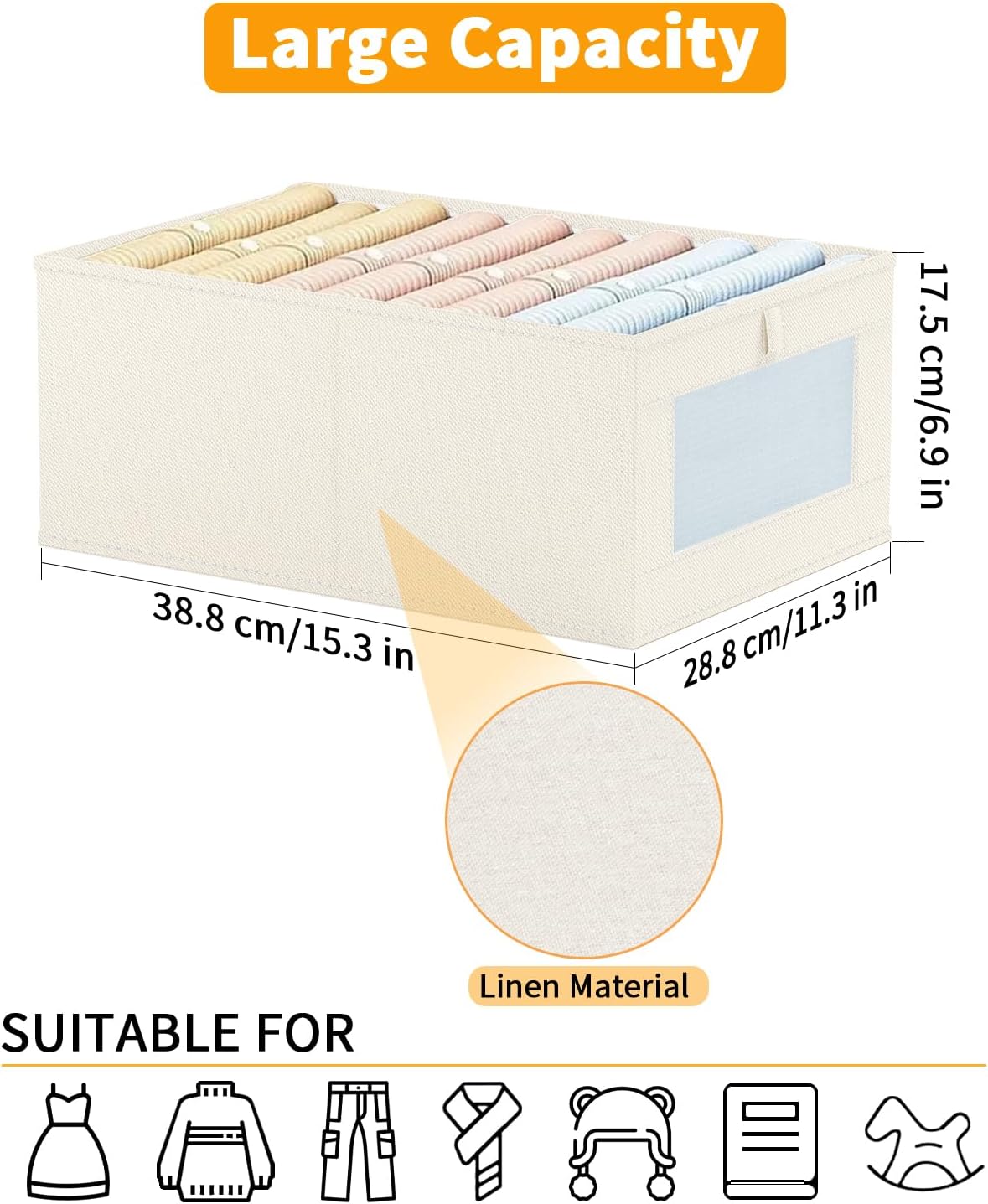 4 x linnen opbergdozen, opvouwbare kastorganizer containers voor kleding, jeans, speelgoed, boeken, plank, kast, grote opbergbakken, manden met transparant venster