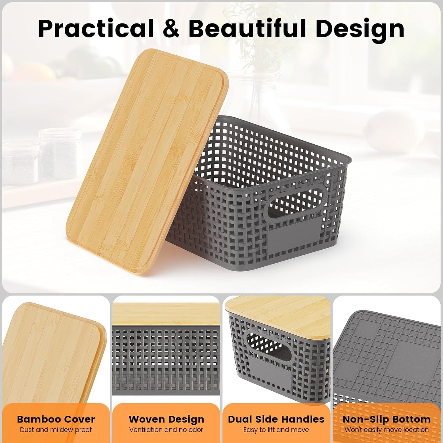Set of 6 5L Plastic Storage Basket with Lid Stackable Toy Cosmetic Storage Box with Bamboo Lid for Kitchen, Bathroom, Bed, Office