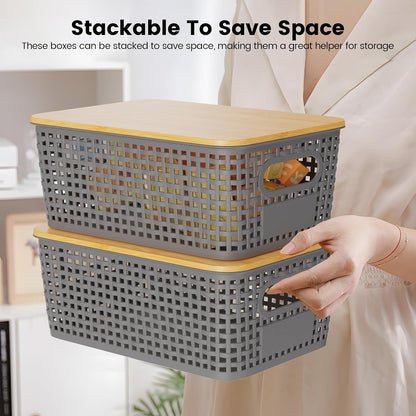 Set of 6 5L Plastic Storage Basket with Lid Stackable Toy Cosmetic Storage Box with Bamboo Lid for Kitchen, Bathroom, Bed, Office