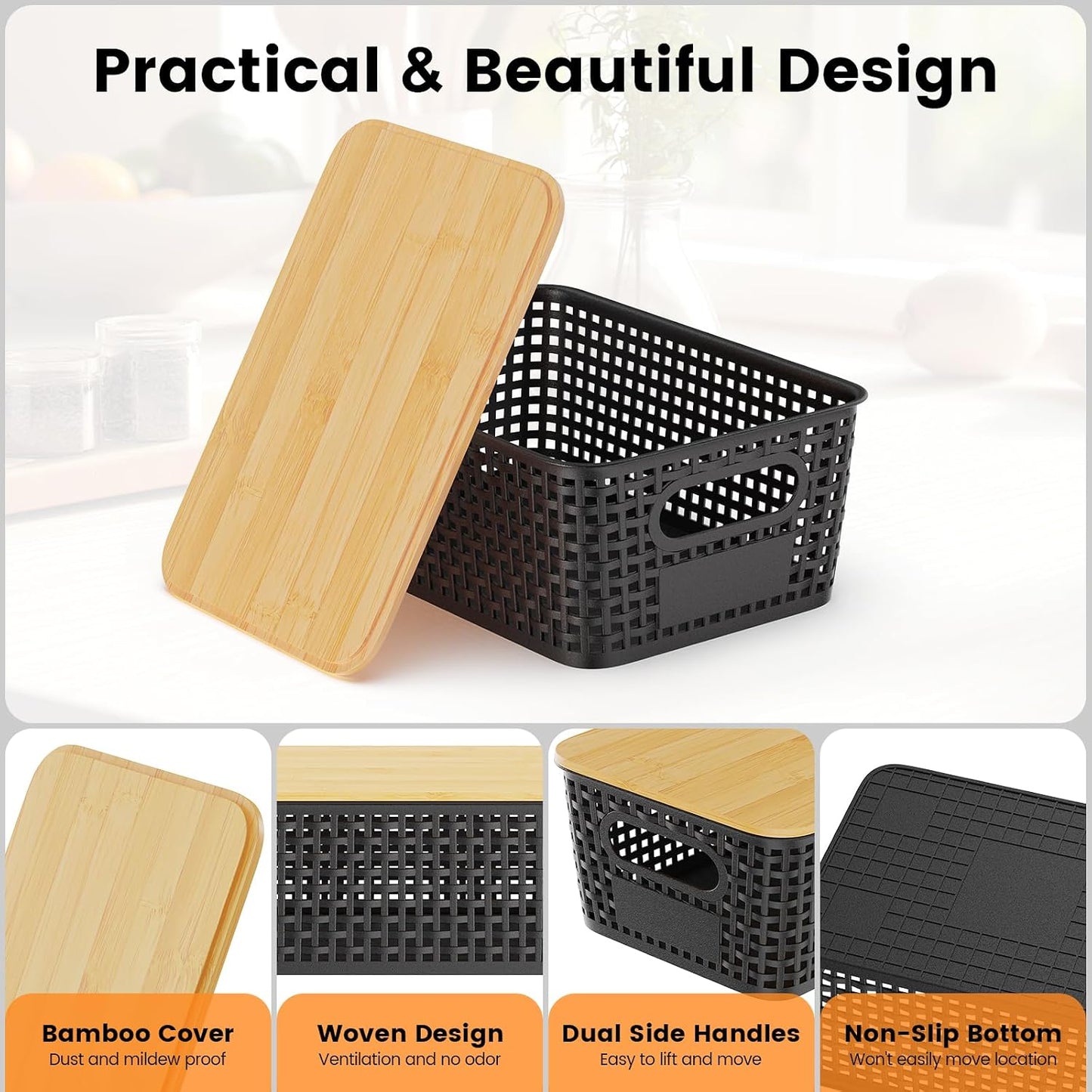 Set of 6 5L Plastic Storage Basket with Lid Stackable Toy Cosmetic Storage Box with Bamboo Lid for Kitchen, Bathroom, Bed, Office