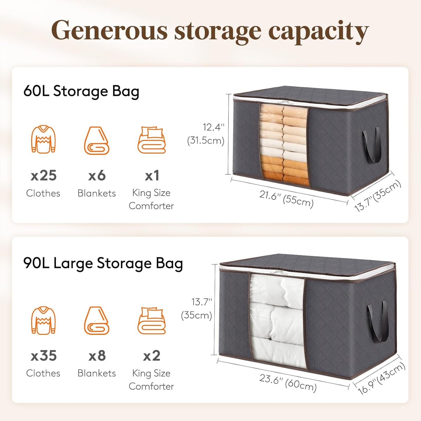 Lifewit Opbergtas voor kleding met versterkte handgrepen, dekbedovertrek met transparant venster, opvouwbare doos onder bed, kastorganizer, grijs, 35 l, 4 stuks