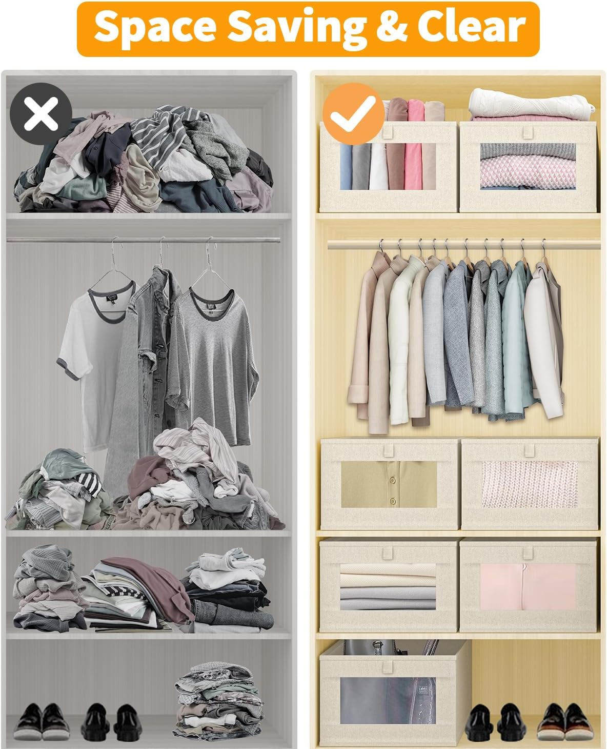 4 x linnen opbergdozen, opvouwbare kastorganizer containers voor kleding, jeans, speelgoed, boeken, plank, kast, grote opbergbakken, manden met transparant venster