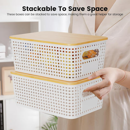 Set of 6 5L Plastic Storage Basket with Lid Stackable Toy Cosmetic Storage Box with Bamboo Lid for Kitchen, Bathroom, Bed, Office