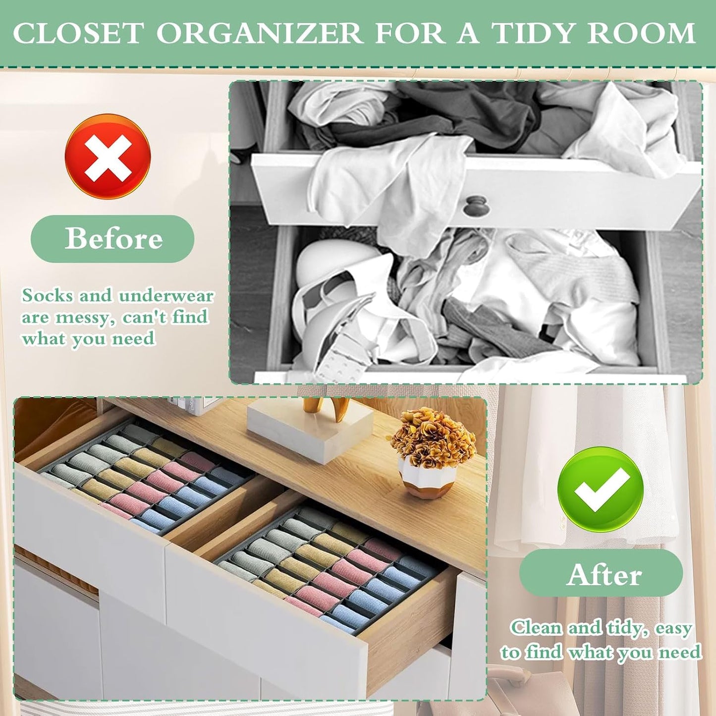 8 Pack Foldable Underwear Storage Organizer with Fabric Drawers, Closet Storage Boxes for Bras, Panties, Socks, Ties, Grey