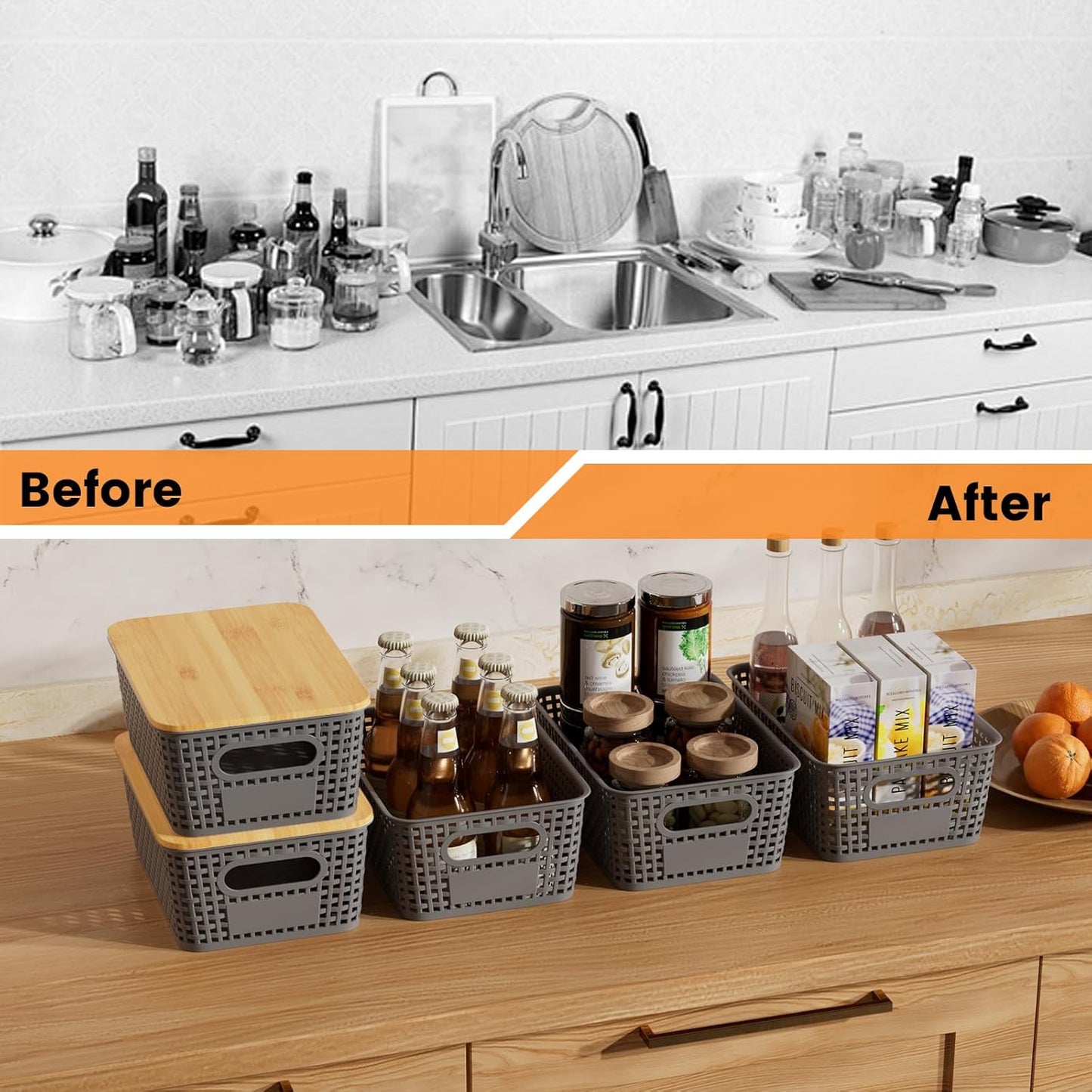 Set of 6 5L Plastic Storage Basket with Lid Stackable Toy Cosmetic Storage Box with Bamboo Lid for Kitchen, Bathroom, Bed, Office