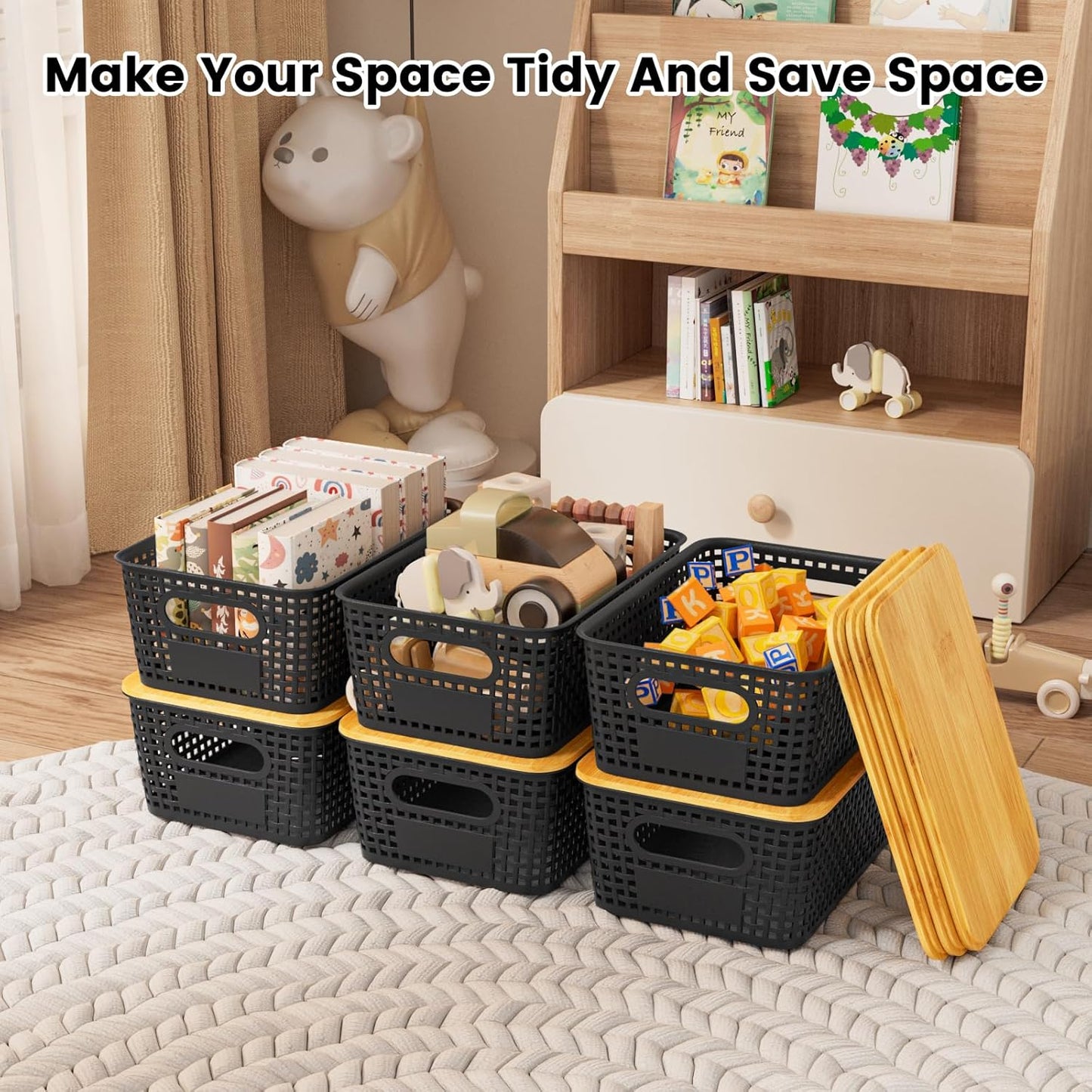 Set of 6 5L Plastic Storage Basket with Lid Stackable Toy Cosmetic Storage Box with Bamboo Lid for Kitchen, Bathroom, Bed, Office