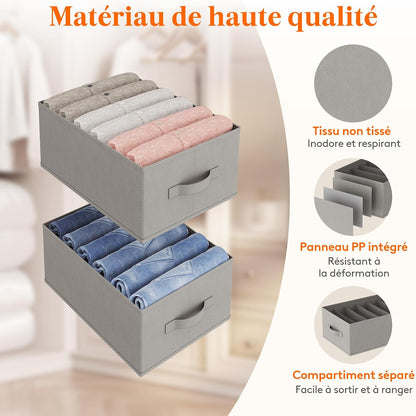 Lifewit Set van 4 opvouwbare kledingopbergdozen met 6 vakken, kastorganizer, opbergdoos, lade, opbergkast voor kleding, broeken, truien, 42 x 27 x 17 cm, grijs