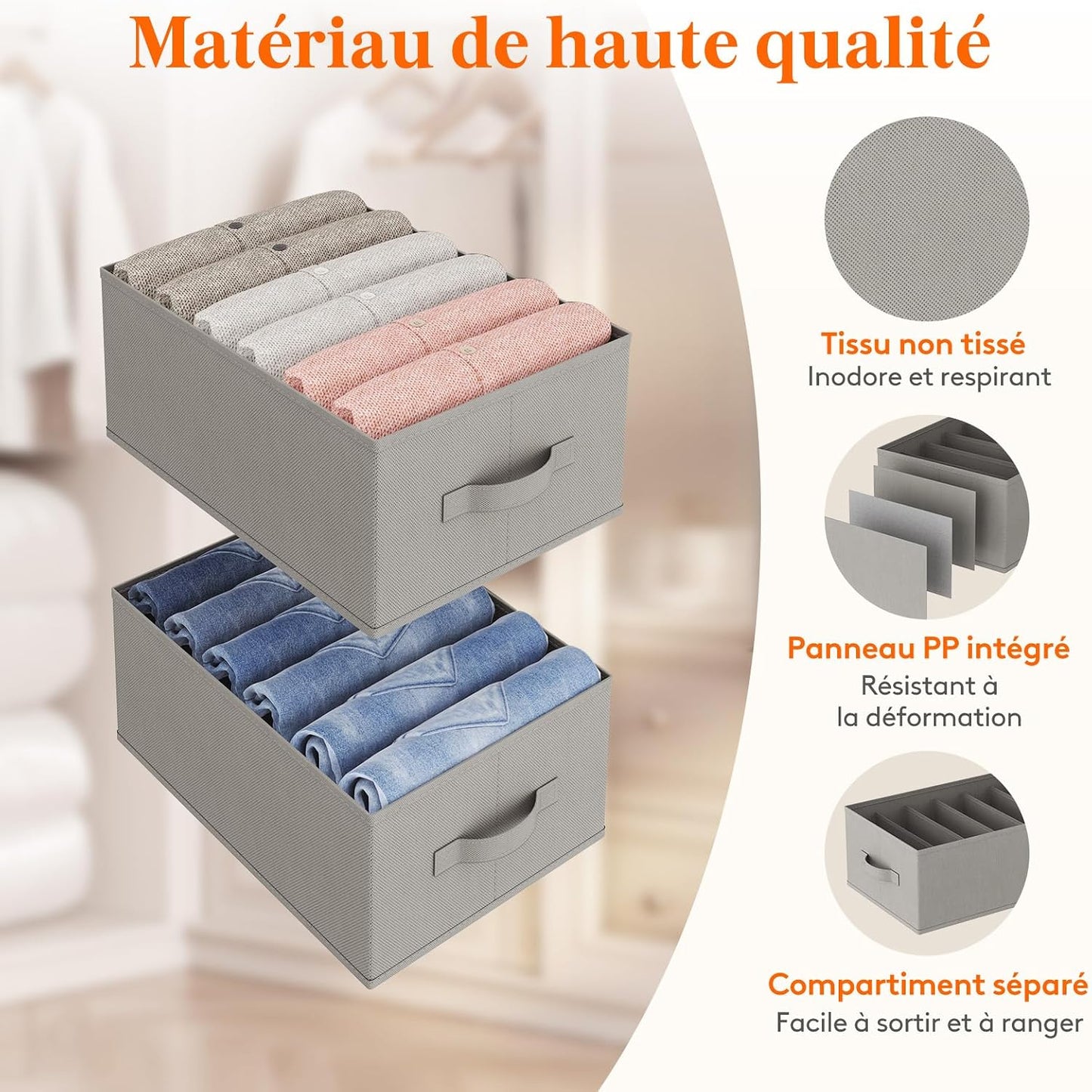 Lifewit Set van 4 opvouwbare kledingopbergdozen met 6 vakken, kastorganizer, opbergdoos, lade, opbergkast voor kleding, broeken, truien, 42 x 27 x 17 cm, grijs