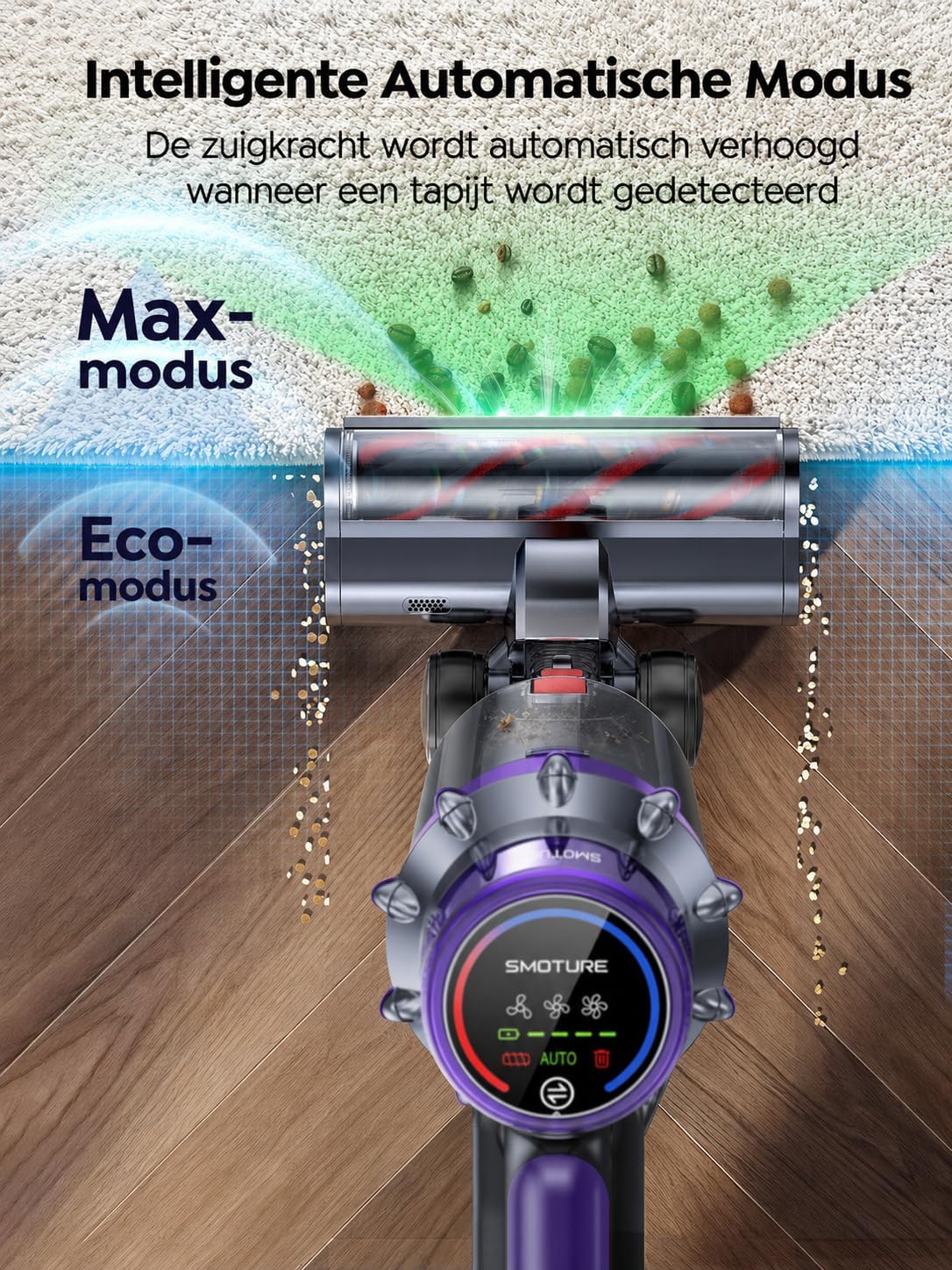 SMOTURE 600W 50KPa Draadloze Steelstofzuiger, 65 Mins krachtige Draadloze Stofzuiger met Matrasborstel, Wandlader en LED-Display, Autostofzuiger voor Dierenharen/harde Vloeren/Tapijten/Auto