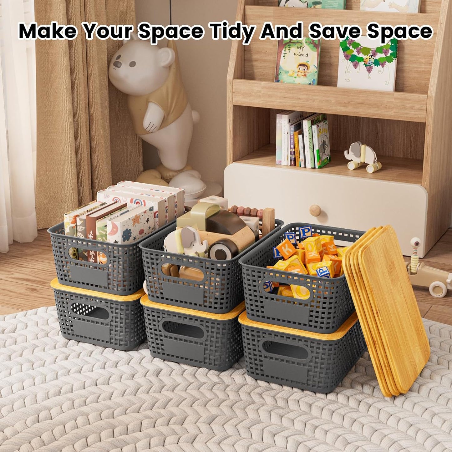Set of 6 5L Plastic Storage Basket with Lid Stackable Toy Cosmetic Storage Box with Bamboo Lid for Kitchen, Bathroom, Bed, Office
