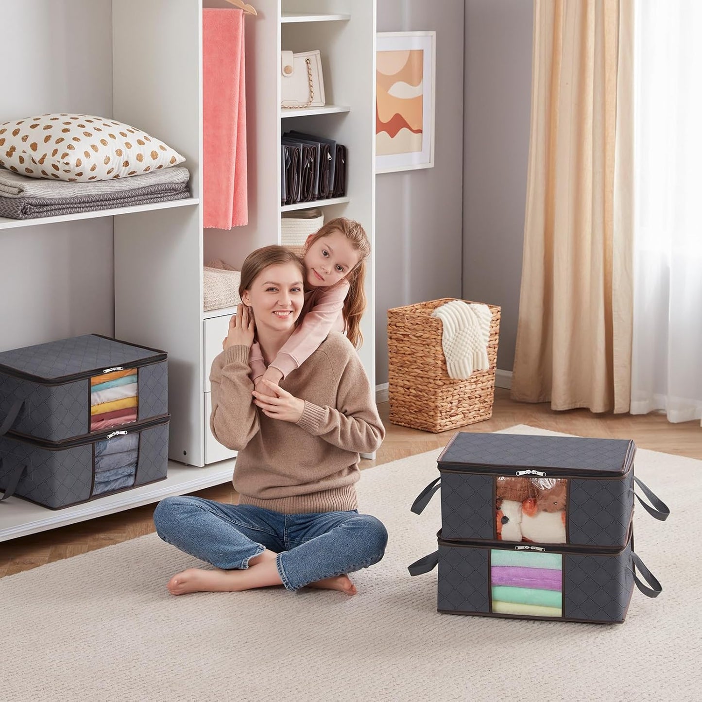 Lifewit Opbergtas voor kleding met versterkte handgrepen, dekbedovertrek met transparant venster, opvouwbare doos onder bed, kastorganizer, grijs, 35 l, 4 stuks
