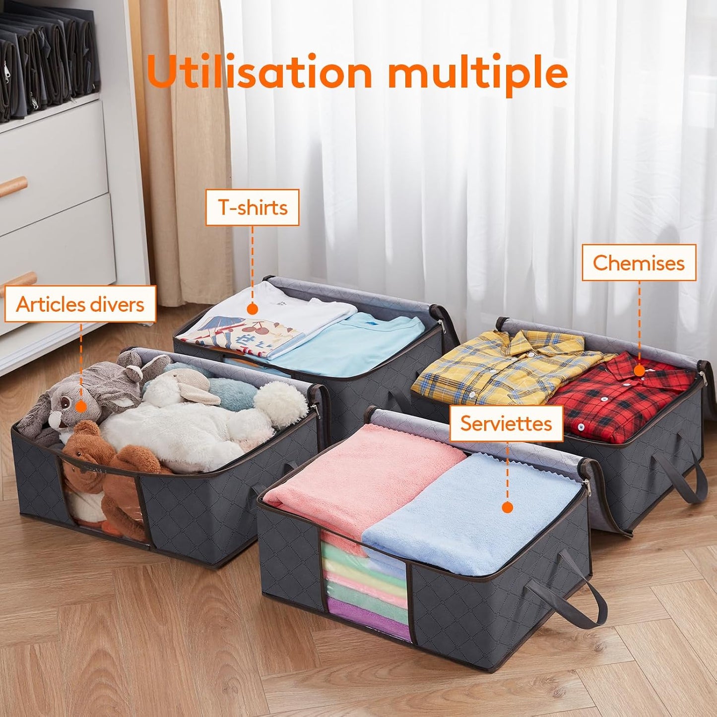 Lifewit Opbergtas voor kleding met versterkte handgrepen, dekbedovertrek met transparant venster, opvouwbare doos onder bed, kastorganizer, grijs, 35 l, 4 stuks