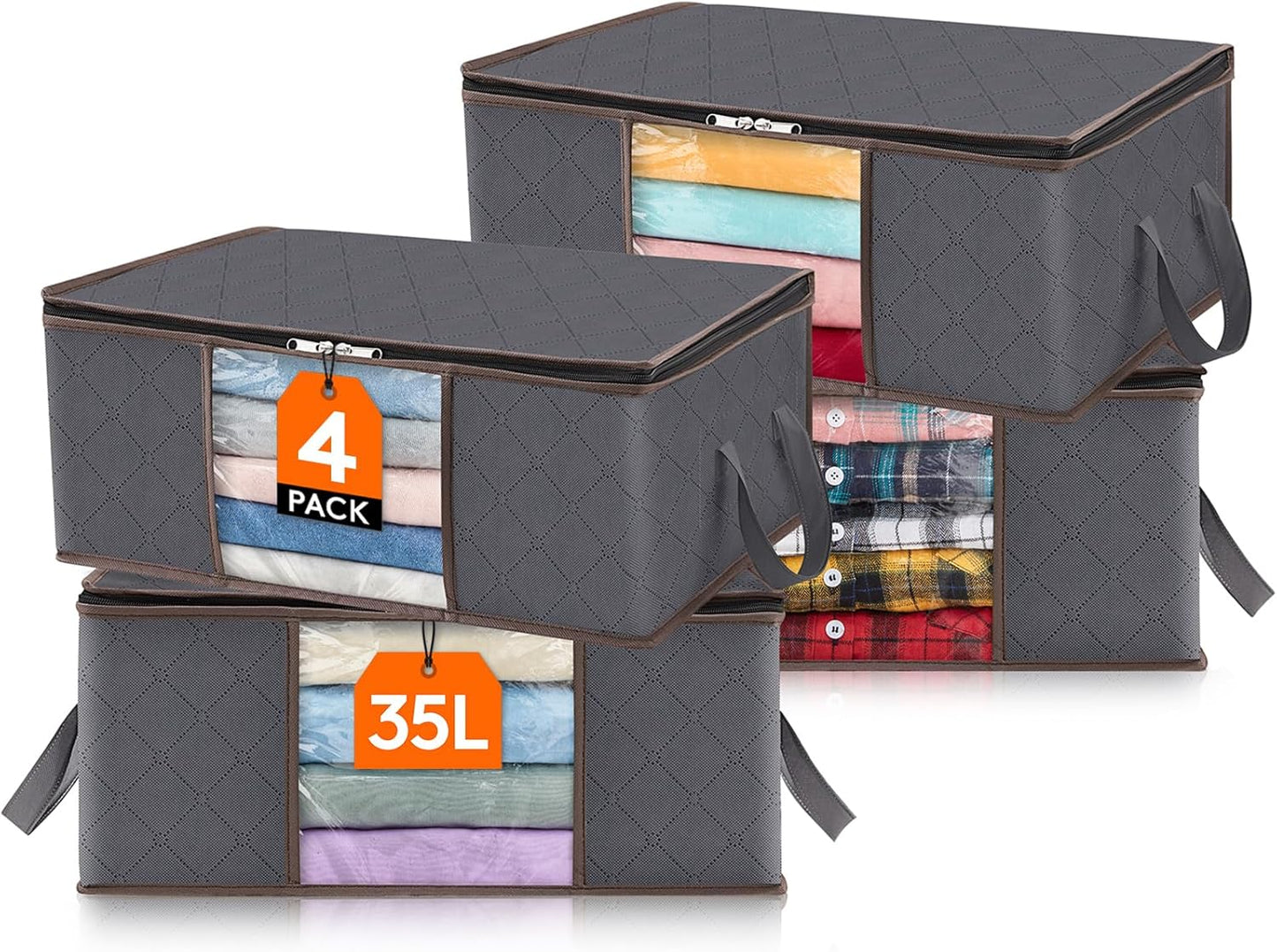 Lifewit Opbergtas voor kleding met versterkte handgrepen, dekbedovertrek met transparant venster, opvouwbare doos onder bed, kastorganizer, grijs, 35 l, 4 stuks