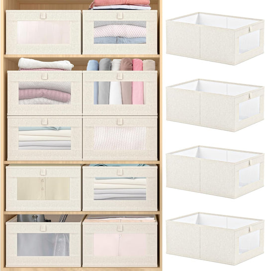 4 x linnen opbergdozen, opvouwbare kastorganizer containers voor kleding, jeans, speelgoed, boeken, plank, kast, grote opbergbakken, manden met transparant venster