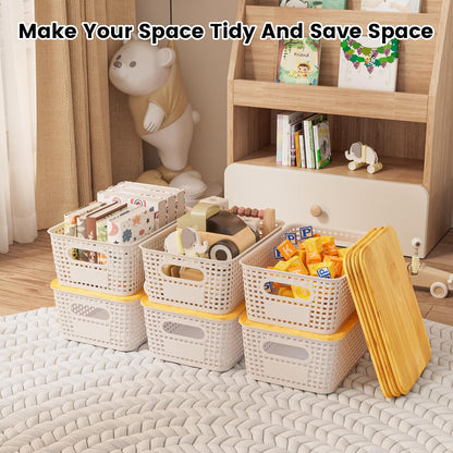Set of 6 5L Plastic Storage Basket with Lid Stackable Toy Cosmetic Storage Box with Bamboo Lid for Kitchen, Bathroom, Bed, Office