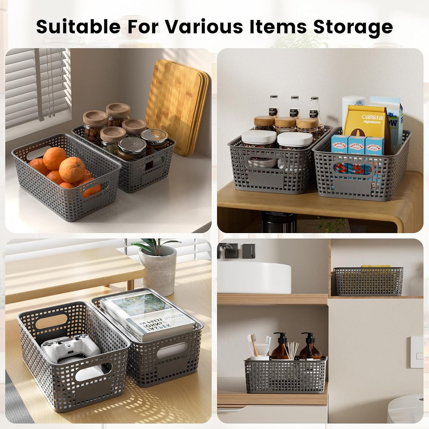 Set of 6 5L Plastic Storage Basket with Lid Stackable Toy Cosmetic Storage Box with Bamboo Lid for Kitchen, Bathroom, Bed, Office